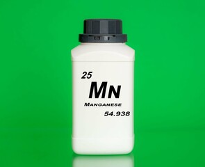 Manganese Mn chemical element in a laboratory plastic container
