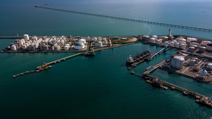 Aerial view oil terminal industrial facility storage oil and petrochemical products for transport...