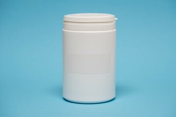 White plastic jar on a color  background with empty label for text for food or dietary supplements
