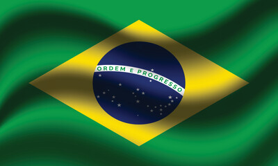 Obraz premium close up waving flag of Brazil. flag symbols of Brazil. brazil flag over green background vector illustration, Waving Fabric Flag of Brazil