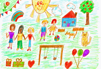 A children's drawing with happy international children.