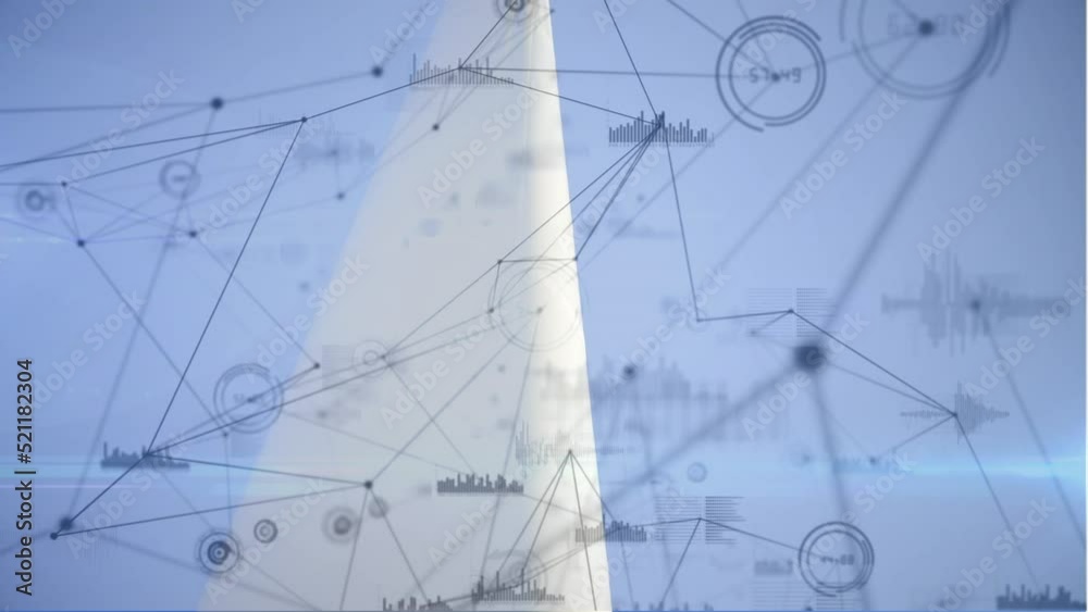 Poster animation of network of connections and data processing over male architect standing on a windmill
