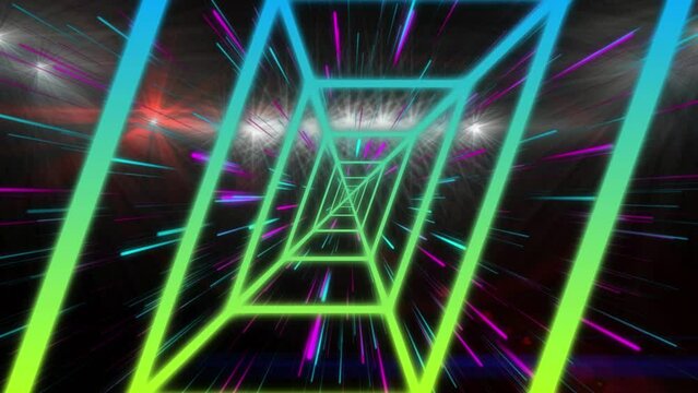 3d animation of abstract colorful rectangular pattern, neon beams zooming over illuminated stadium