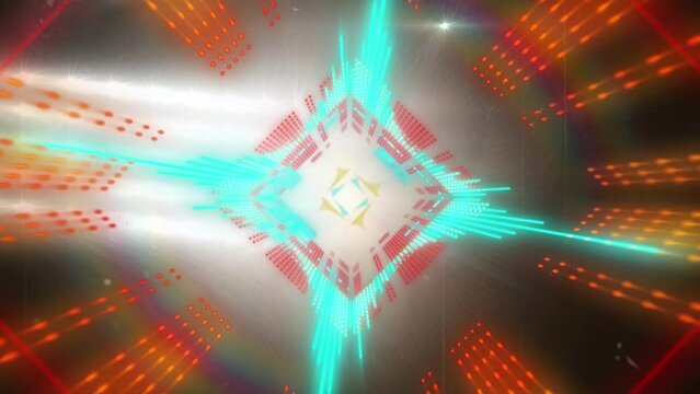 3d animation of abstract colorful square patterned neon beams zooming over illuminated stadium