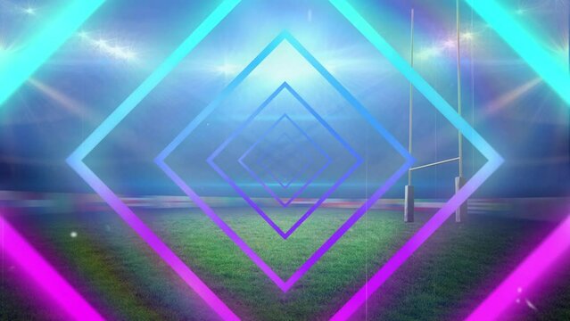 3d animation of abstract blue, purple square patterned neon beams zooming over illuminated stadium