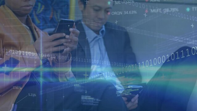 Animation of computer language and binary codes over multiracial coworkers using smartphones