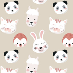 Cute animals seamless pattern, kitten muzzle, cat, lama, hedgehog, panda, bear. Cartoon doodle vector illustration. Kid texture, background, wallpapers, ornament, repeated childish textile, fabric
