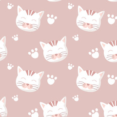 Cute fluffy cat seamless pattern, kitten muzzle with paws. Cartoon doodle vector illustration. Kid texture, background, wallpapers, ornament. Childish design of wrapping paper, fabric, textile, print