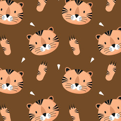 Cute tiger seamless pattern, feline muzzle, head. Cartoon vector illustration. Kid texture, repeat background, wallpapers, ornament. Childish design of wrapping paper, fabric, textile, graphic, print
