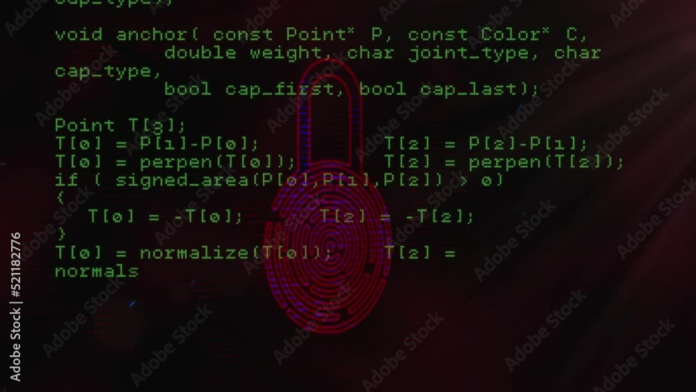 Poster animation of padlock with biometric fingerprint and data processing