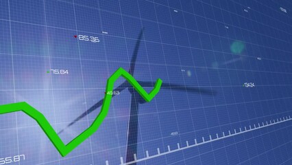 Animation of statistics and financial data processing over wind turbine in countryside - Powered by Adobe