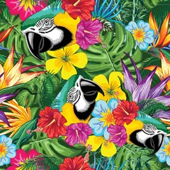Abwaschbare Fototapete Zeichnung Blauer Ara-Papagei-Blumenporträt, das aus exotischem Dschungel-Vektor-Nahtlos-Wiederholungs-Textilmuster herauskommt
