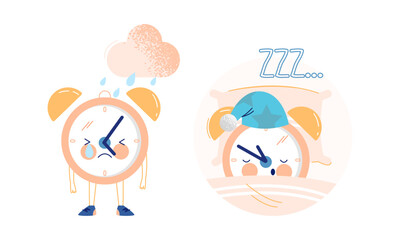 Funny Clock Character Crying with Rain and Sleeping in Bed on Pillow Vector Set