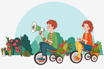 Cute boy and girl with fresh vegetables rides on bicycle in the garden. Funny boy shouting on the megaphone. Summer time
