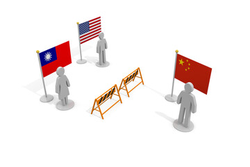 Relationship between the three countries. Taiwan, China and America. flags and people.