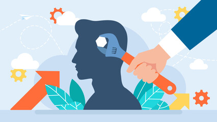 A businessman adjusts a person's thinking. Hand holding wrench to fix the brain in human head. Fixing or changing. Manipulation, Mental health, personal development, psychotherapy. Vector illustration
