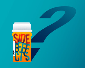 Jar of medicine casts a shadow in the shape of a question mark. Concept of drugs side effects. Vector illustration