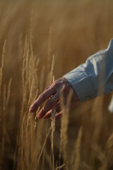 girl's hand in shirt in front of high dry grass
