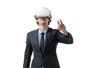 Portrait of young business man in black suit is using augmented reality application in virtual reality glasses and trying to touch something with his hand isolated on white background.