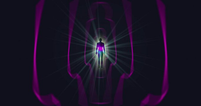 A looped 3D animation of the enlightenment of the multi-colored energy of the human aura fields forming diverging patterns around the meditating person. Video for VJing