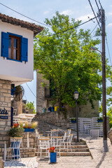 Situated on top of a hill the village of Afitos or Athitos, features stone houses and cobbled streets. Old houses in historical town in Kassandra,Chalkidiki,Greece 27.06.2022