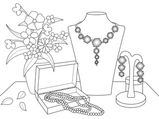Children coloring, showcase with jewelry. Fashion for gold.