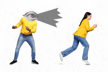 Banner collage of man follow woman wear casual cloth isolated on painting white color background