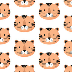 Fototapeta na wymiar Cute tiger seamless pattern, feline muzzle, head. Cartoon vector illustration. Kid texture, repeat background, wallpapers, ornament. Childish design of wrapping paper, fabric, textile, graphic, print