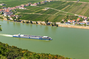 Turist ship on Danube river near Krems town in Wachau valley. Lower Austria.