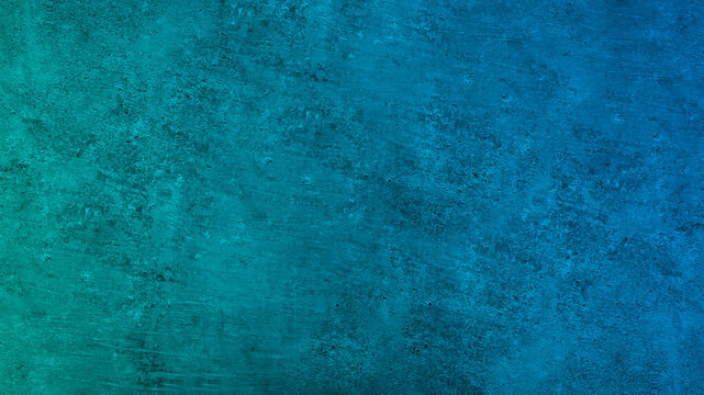 Dark blue green wall texture. Gradient. Deep teal color. Toned old rough concrete surface. Close-up. Abstract vintage background with space for design. Web banner. Backdrop.