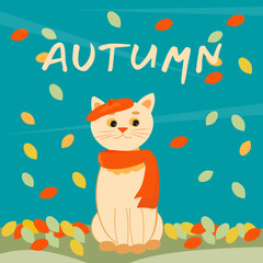Cartoon cat in a beret and scarf. cat sitting in an autumn park. autumn vector illustration. A great illustration for prints, postcards, covers