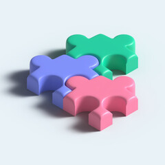 3D Vector Illustration of Jigsaw puzzle cube. Colorful puzzle jigsaw pieces isolated on light blue background. Concept of teamwork, communication, problem or challenge solution. Green, purple and pink