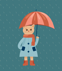Cartoon cat holding an umbrella in his paw. cat standing in a raincoat in the rain. autumn vector illustration