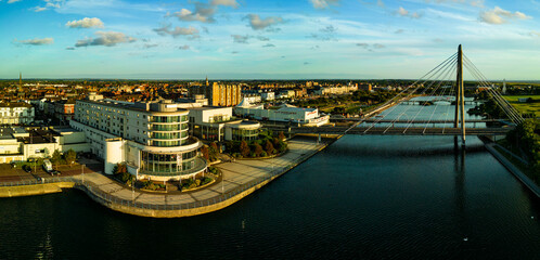 Aerial view of the Millennium Bridge and Hotel in the evening sun Southport Merseyside