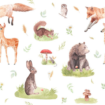 Woodland animals and floral, Watercolor set Forest Animals and Trees, watercolor  bear, squirrel, deer, fox, rabbit, wolf, owl, mouse, Christmas tree, stump, for nursery, wallpapaper
