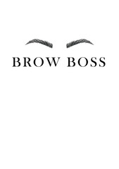 Brow Boss logo or artwork for beauty salon. Brow Boss concept illustration with drawing of eyebrows and bold text Brow Boss