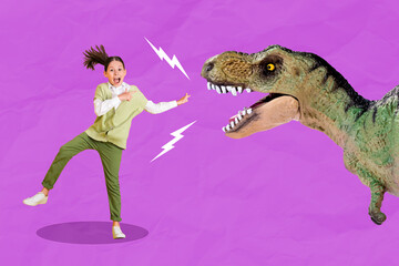 Collage photo of childish girl shocked pointing dinosaur amusement park wow scream isolated on...