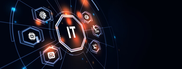 IT consultant presenting tag cloud about information technology. 3d illustration