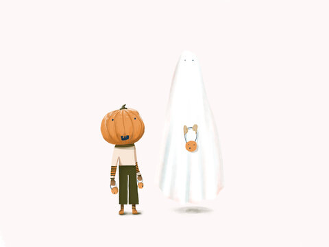 Halloween kid with a ghost holding lanterns
