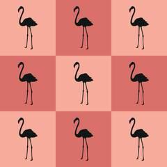 Flamingo black silhouette pattern on bright and dark pink squares background. Design vector illustration.