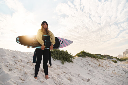 Extreme Sports Female Adventurer At The Beach Walking Down Sand Dunes With Surf Board Or Kite Surfing In Wetsuit Sunset