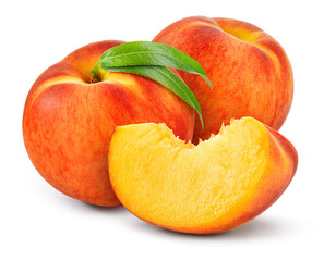 Peach isolated. Two peaches with a slice on white background. Peach fruit with leaf cut out. With clipping path. Full depth of field.