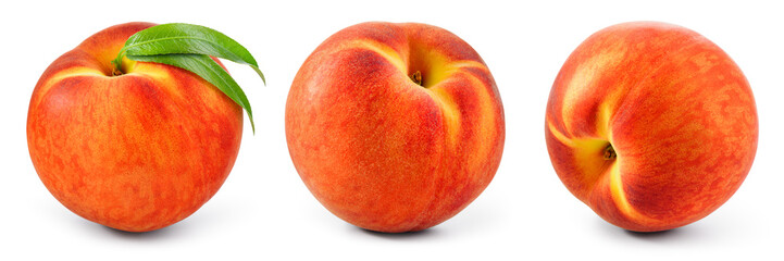 Peach isolated. Peach set with leaves on white background. Peaches collection with clipping path. Full depth of field.