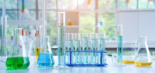 Laboratory research, test tubes with lab glassware, science laboratory research and development concept