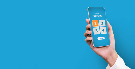 Hand holding smart phone with online voting on screen. election vote concept .