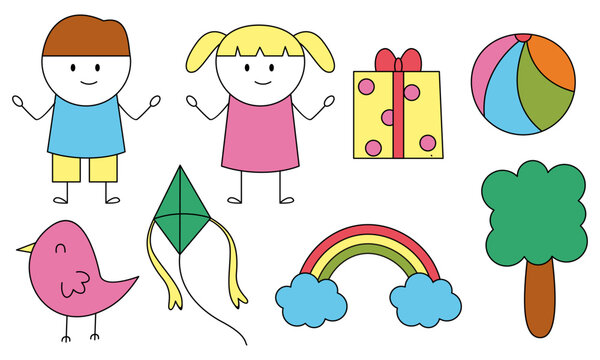 Cute children's drawing, kids doodles illustration vector © deemka studio