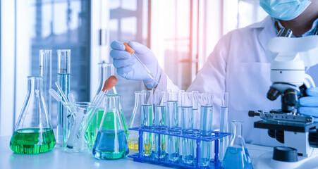 Scientist or researchers working in science laboratory, medical technology research work, science laboratory research and development concept