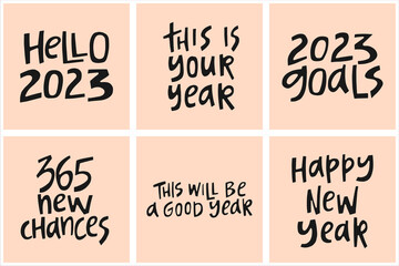 Set of hand drawn quotes about New Year. Collection of creative illustrations for posters, cards, etc.