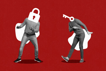 Creative retro 3d magazine image of funny funky guys key lock instead of heads isolated painting...
