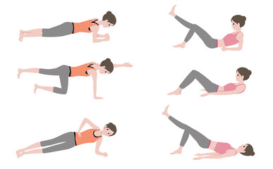 プランクやクランチなど体幹トレーニングをする女性：ダイエットや健康維持、美容を目標として運動する